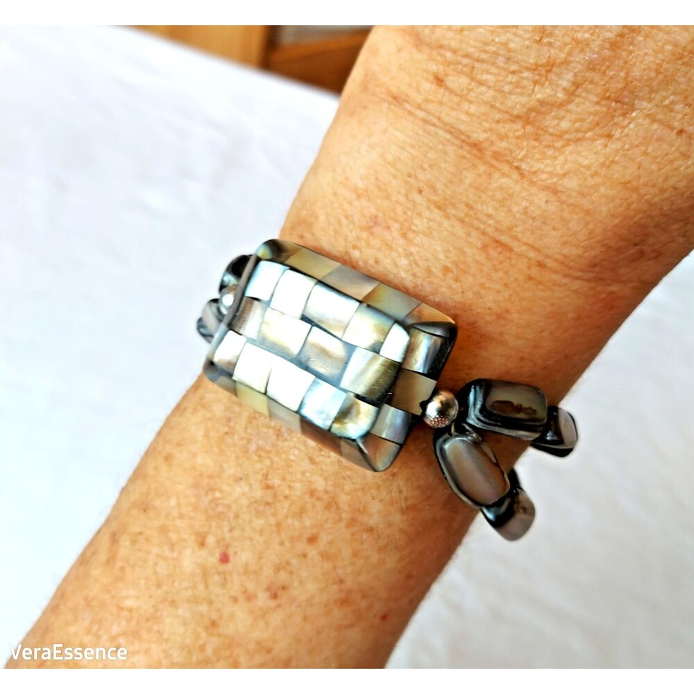 Vintage Mother of Pearl Abalone Paua Shell Beaded Mosaic Bracelet 7.5" - Picture 10 of 10